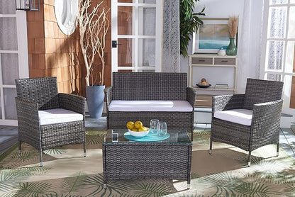 SAFAVIEH Outdoor Collection Bandele Grey Brown/White Cushion 4-Piece Conversation Patio Set PAT7506C