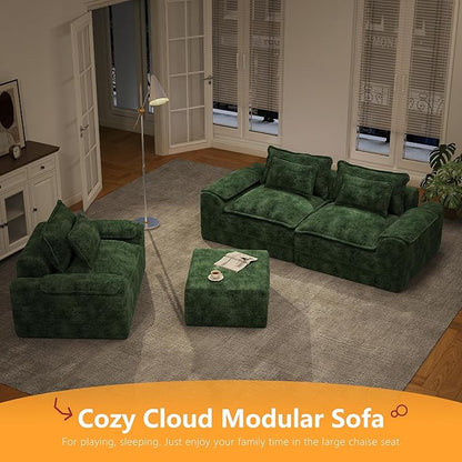Hobestluk Cloud Single Sofa with Ottoman Memory Foam Couch with Deep Seat L Shaped Sofa with Removable Cover Large Couch for Living Room (Green, Single Sofa with One Ottoman)