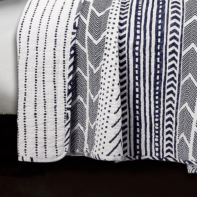 Lush Decor Hygge Geo Pattern Striped 3 Piece Quilt Bedding Set, Full/Queen, Navy & White