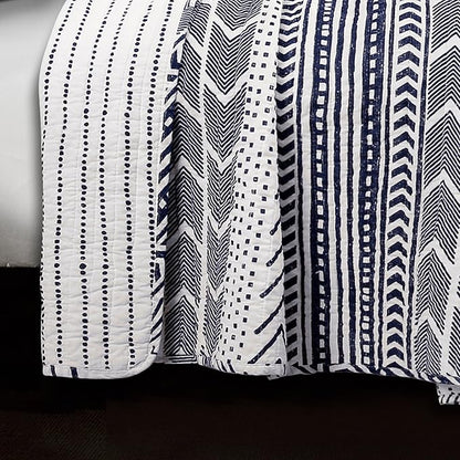 Lush Decor Hygge Geo Pattern Striped 3 Piece Quilt Bedding Set, Full/Queen, Navy & White