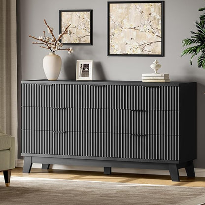 Fluted Dresser with 7 Drawers, 58" Wide Wood Chest of Drawers with Metal Handle, Wooden Dresser TV Stand, Modern Closet Clothes Storage Organizer for Bedroom, Living Room, Hallway, Solid Black