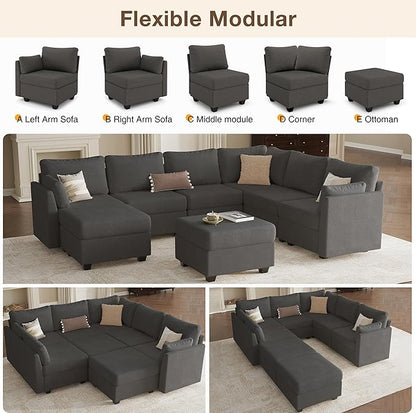 Modular Sectional Sofa Couches, Large Convertible Modular Couches With Storage, 8-Seater Sectional Sofa For Living Room, U Shaped Sectional Couch Sleeper Sofa With Chaise (DarkGrey, 8 Seats)