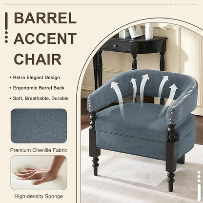 LOULENS Barrel Accent Chairs Set of 2, Vintage Linen Upholstered Lounge Chair with Solid Wood Legs, Comfy Leisure Side Armchair for Living Room, Bedroom, Reading Nook, Corner, Blue