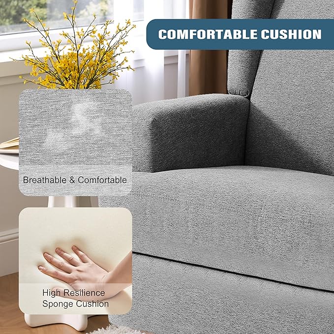 Swivel Glider Recliner Chairs Set of 2 for Adults - High Back Rocker Recliners with Deep Seat, Comfortable & Quiet Upholstered Fabric Armchairs for Living Room or Nursery, Manual Reclining-Light Gray