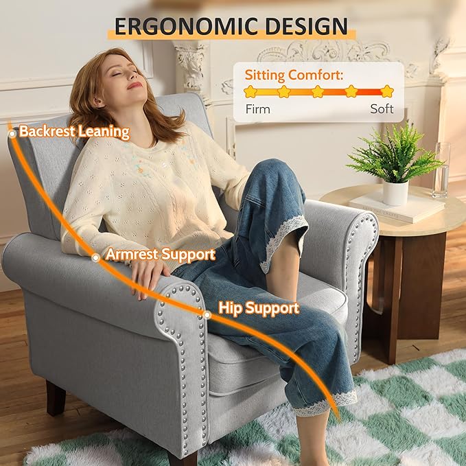 PrimeZone Comfy Accent Chair, Mid-Century Modern Fabric Living Room Chair Reading Chair with Soft Cushion, Nailhead Trim & Rolled Armrest, Arm Chair Sofa Chairs for Bedroom Waiting Room Office, Grey