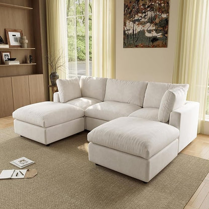 WJShome 100 Inch U Shaped Modern Sofa Modular Sectional Cloud Couch with 2 Ottoman, 4-Seat Chenille Deep Seat Couches for Living Room, Bedroom and Apartment，Beige