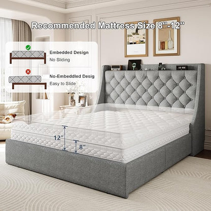 Queen Size Bed Frame with 4 Storage Drawers & Charging Station, Linen Upholstered Platform Bedframe, Button Tufted Wingback Headboard, Sturdy Wooden Slats, No Box Spring Needed, Light Grey