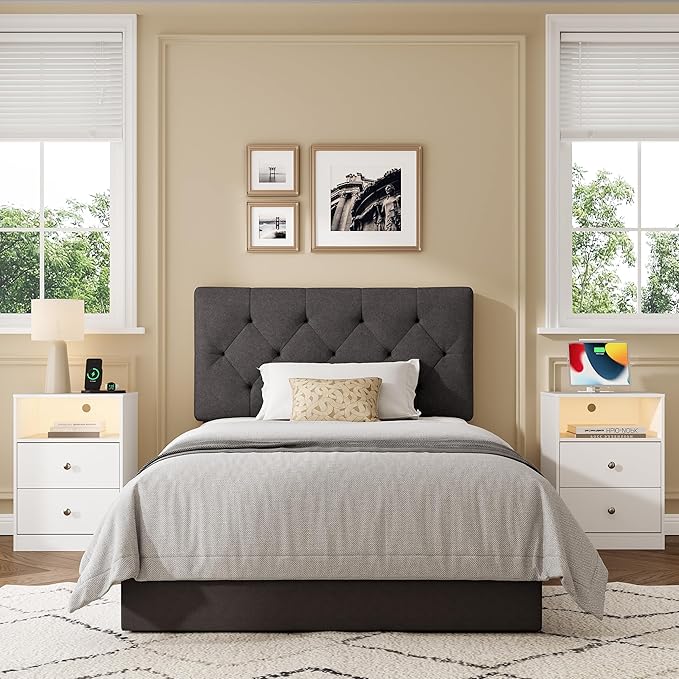 Twin Upholstered Headboard, Twin Head Board Only for Bed Frame from 27”-41”, Adjustable Height Twin XL Headboards with Durable Wood Legs, Fabric Bed Board in Modern Button Design, Dark Grey