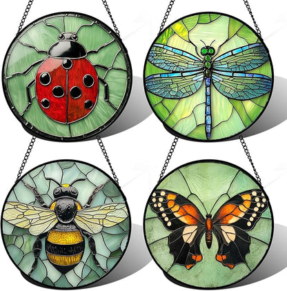 Stained Glass Window Hanging 4 Pcs Set Butterfly Dragonfly Bee Ladybug 7.8" - Suncatcher Door Garden Sun Catcher Decor Birthday Mother's Day for Mom Woman Nana Men