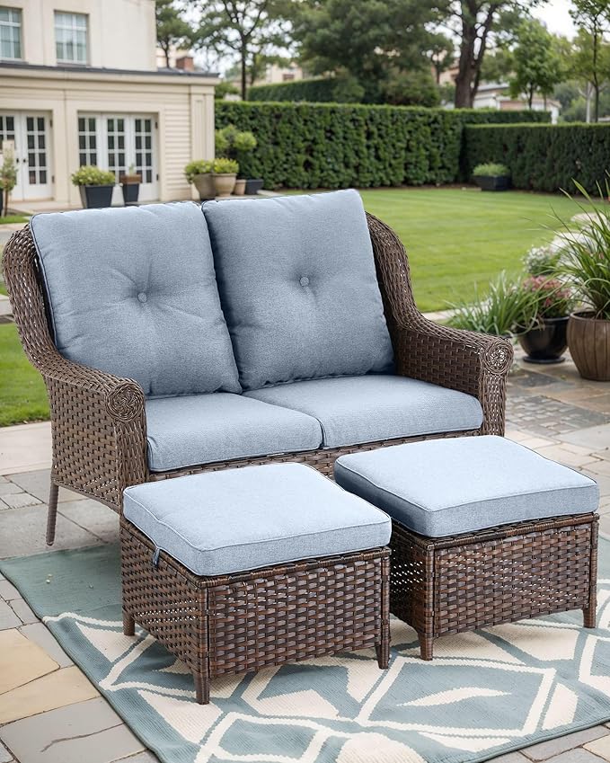 Patio Loveseat Outdoor Wicker Sofa - Heavy Duty All-Weather Brown Rattan 2-Person Sofas with High Back and Comfortable Thick Cushions for Garden Back Porch Poolside Apartment - Baby Blue