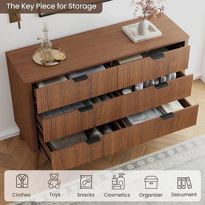 Fluted Dresser for Bedroom,49.6'' Modern Wooden Walnut Dresser with 6 Drawers, Bedroom Dressers, Natural Wood Chest of Drawers for Living Room, Hallway (Walnut)