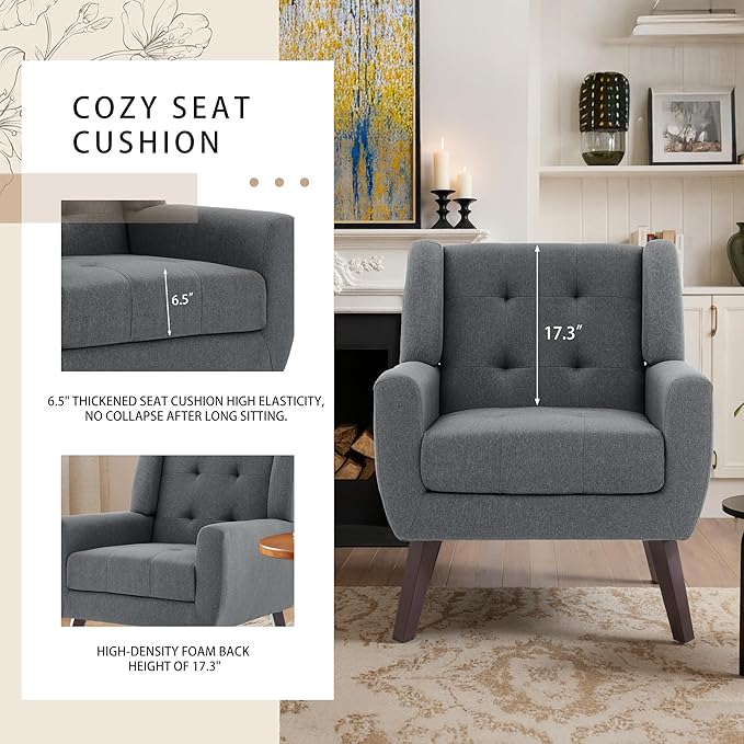 Accent Chairs Set of 2, Mid-Century Modern Upholstered Armchair, Comfy Fabric Living Room Chairs Reading Chairs with Button Tufted Back & Solid Wood Legs for Bedroom, Office, Gary