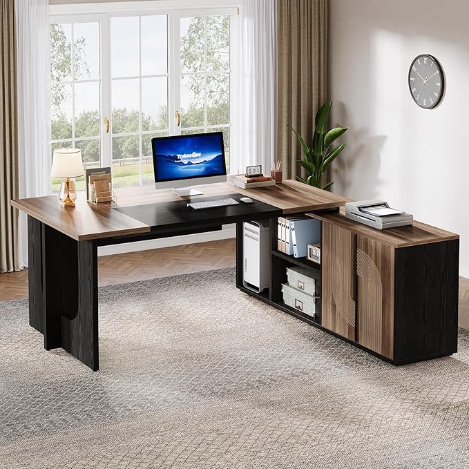 Tribesigns 74.8 Inch Executive Desk, Large Office Desk with Cabinet, L Shaped Computer Table with Shelves and CPU Storage, Modern Home Office Desks Business Furniture Workstation Set