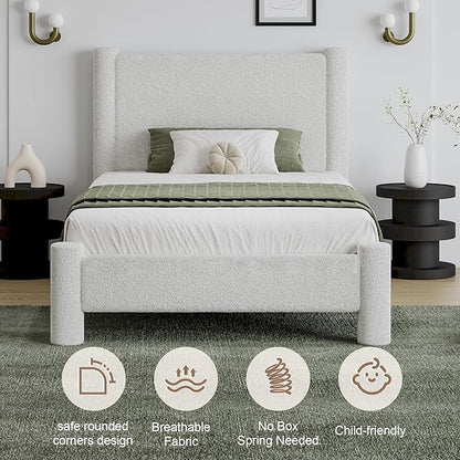 Twin Size Bed Frame, Boucle Upholstered Platform Bed with Headboard and Footboard, Soft Rounded Corners, No Box Spring Required, Easy Assembly, White