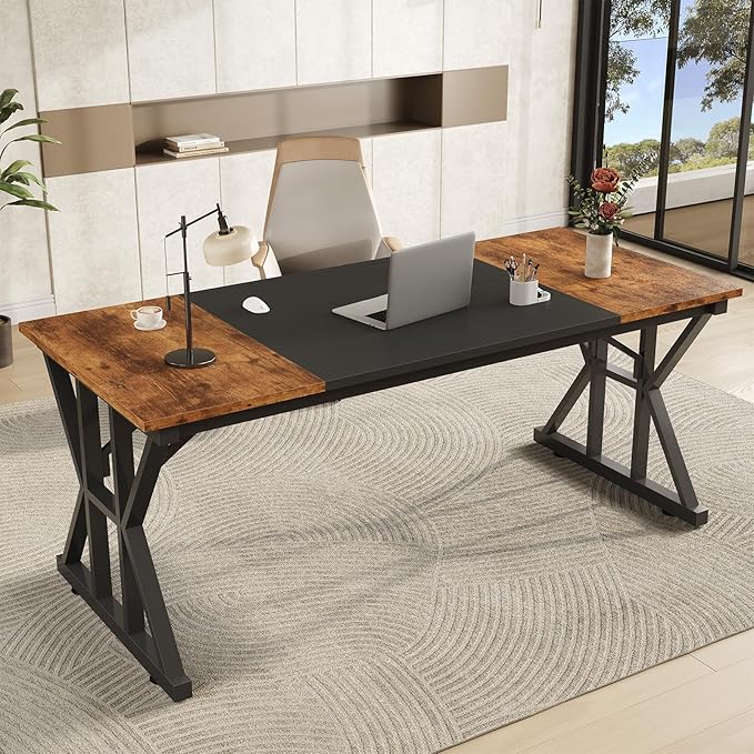 TVU 63-Inch Executive Desk, Large Office Desk with Thicken Frame, Computer Desk Modern Simple Desk for Home Office, Rustic Brown/Black