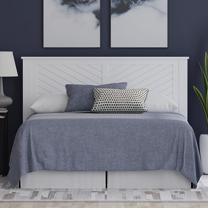 Serene Poplar Wood Full Size Headboard in White, Modern Farmhouse Panel with Chevron Scoring, Casual Coastal Style, Easy Assembly, Quality Materials