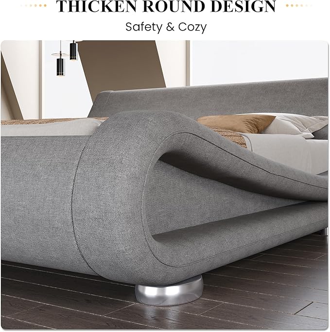 SHA CERLIN King Size Upholstered Bed Frame, Deluxe Low Profile Sleigh Bed with Linen Ergonomics Headboard, No Box Spring Needed & Easy Assembly, Grey