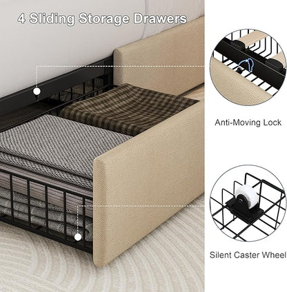 King Size Upholstered Platform Bed Frame with 4 Storage Drawers and Charging Station, Linen Button Tufted Wingback Headboard, Sturdy Wooden Support Slats, No Box Spring Needed, Beige