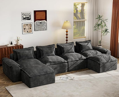 Hobestluk 152" Cloud Modular Sectional Couch 4-Seater Sofa with Ottomans U Shaped Couch Deep Seat Sofa with Removable Cover for Living Room (Dark Grey, 4-Seater Sofa with Two Ottomans)