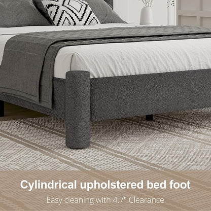 Queen Size Bed Frame, Boucle Upholstered Platform Bed Frame with Headboard and Footboard, Soft Bed Frame with Rounded Corners, No Box Spring Required, Easy Assembly, Dark Grey