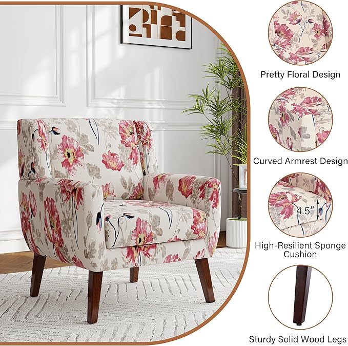 Accent Chairs Set of 2, Modern Fabric Armchairs for Living Room, Comfy Upholstered Arm Chairs Tufted for Indoor Bedroom Office Room (Pattern White)