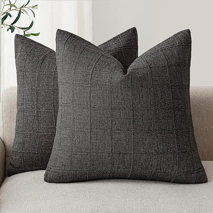 Foindtower Set of 2 Decorative Linen Check Throw Pillow Covers Neutral Farmhouse Vintage Cushion Covers Modern Boho Home Decor for Sofa Chair Couch Bedroom Living Room,16×16 Inch,Charcoal