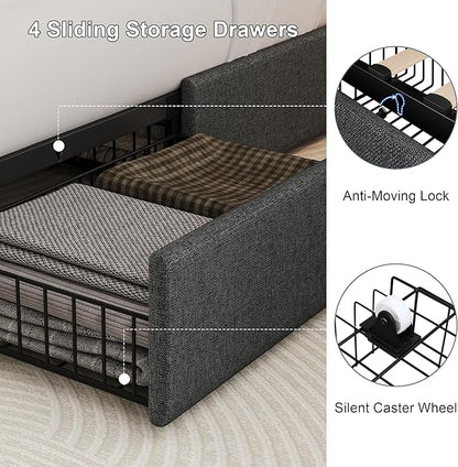 King Size Upholstered Platform Bed Frame with 4 Storage Drawers and Charging Station, Linen Button Tufted Wingback Headboard, Sturdy Wooden Support Slats, No Box Spring Needed, Dark Grey