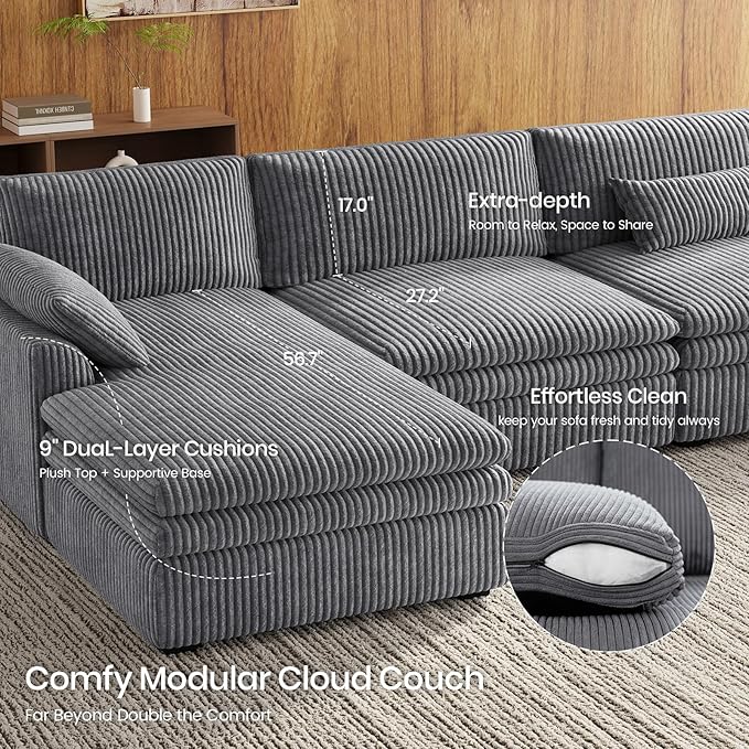 Belffin Large Modular Sectional Sofa with Double 61" Loveseat, Corduroy Corner Couch with 9" Soft Dual-Layer Seats Cushion for Living Room, Apartment, Small Sapce, Light Grey