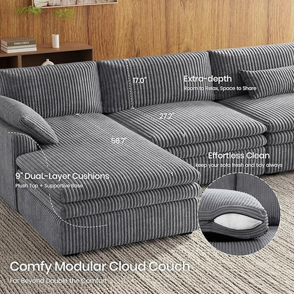 Belffin Large Modular Sectional Sofa with Double Deep Chaise, 135" Corduroy U Shaped Sectional Couch with 9" Soft Dual-Layer 6 Seats U Shaped Couch for Living Room, Apartment, Light Grey