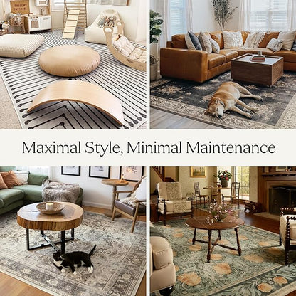 RUGGABLE Washable Vintage Area Rug – Kamran Hazel 4x6, Stain-Resistant, Non-Slip – Medium Machine Washable Rugs for Living Room, Bedroom, Hallway, Entryway & Office–with Cushioned Pad
