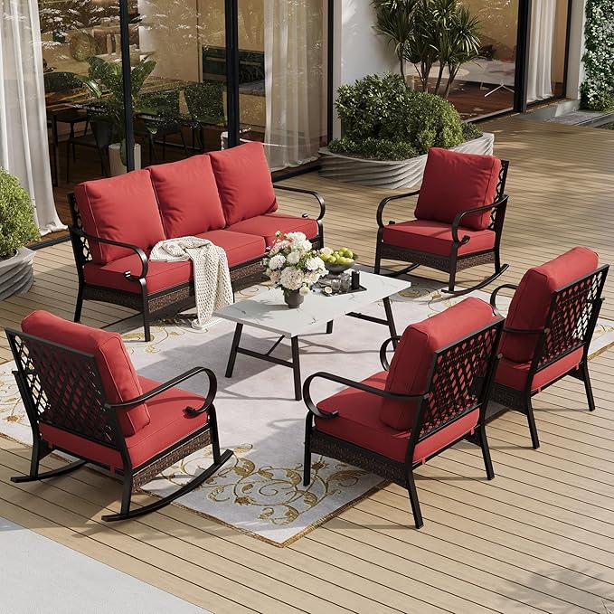 6 Piece Metal Outdoor Patio Furniture Set, Patio Conversation Set with Rocking Chair and 5.75" Thick Cushion & Coffee Tabl, Outdoor Seating Black Frame Backyard Furniture, Rust Red