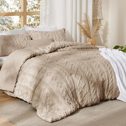 Bedsure Tufted Boho Comforter Set Twin Size - Khaki Boho Bed Set, GentleSoft™ 2 Pieces Farmhouse Shabby Chic Embroidery Bedding, Gifts for Woman, Soft Jacquard Twin Comforter for All Seasons