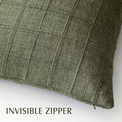 Foindtower Set of 2 Decorative Linen Check Throw Pillow Covers Neutral Farmhouse Vintage Cushion Covers Modern Boho Home Decor for Sofa Chair Couch Bedroom Living Room,16×16 Inch,Olive Green