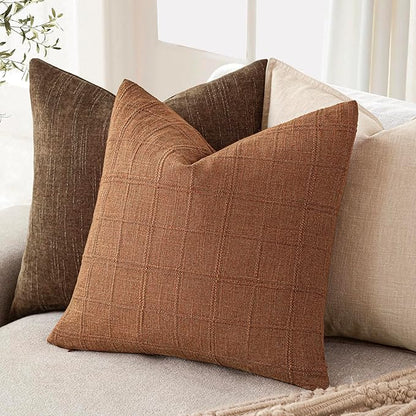 Foindtower Set of 2 Decorative Linen Check Throw Pillow Covers Neutral Farmhouse Vintage Cushion Covers Modern Boho Home Decor for Sofa Chair Couch Bedroom Living Room,16×16 Inch,Orange