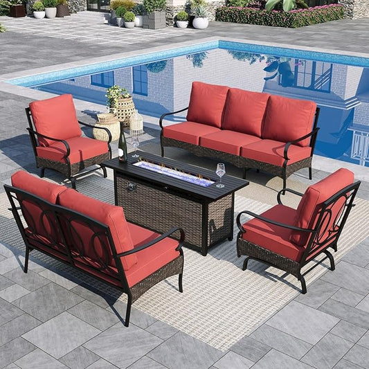 Sophia & William Patio Furniture Set with Fire Pit Table, 5 PCS Metal Outdoor Conversation Set with Fire Pit Table, 2 Sofa Chairs,1 Loveseat, 3-Seater Couch for Outdoor Seating, Backyard, Porch(Red)
