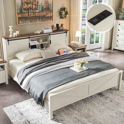 T4TREAM Farmhouse King Size Bed Frame w/Storage Bookcase Headboard, Sliding Barn Door, Charging Station, Rustic Wood Platform Bed w/Wood Slats Support, No Box Spring Needed, Antique White
