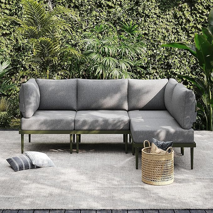 Sundale Outdoor 5 Pieces Patio Furniture Set with Fire Pit Table, Metal Outdoor Sectional Sofa with 6 Inch Olefin Cushion, All-Weather Modern Outdoor Conversation Sets (4 Seats,Green Frame)