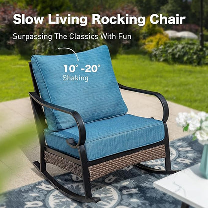 6 Piece Metal Outdoor Patio Furniture Set, Patio Conversation Set 3-Seater Sofa, 2 Fixed Sofa, 2 Rocking Chair with 5.75" Thick Cushion & Coffee Table Black Backyard Furniture, Blue-2