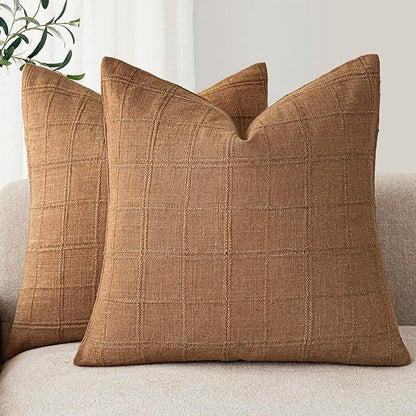 Foindtower Set of 2 Decorative Linen Check Throw Pillow Covers Neutral Farmhouse Vintage Cushion Covers Modern Boho Home Decor for Sofa Chair Couch Bedroom Living Room,24×24 Inch,Brick