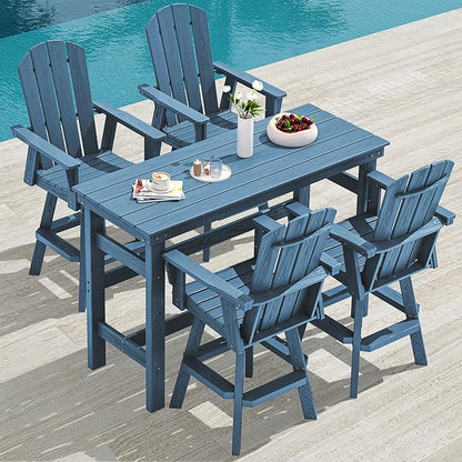 SERWALL 5-Piece Swivel Adirondack Bar Set, HDPE Swivel Bar Height Chairs Set of 4 with Bar Table, All-Weather Outdoor Barstools for Patio, Poolside, Garden, Blue