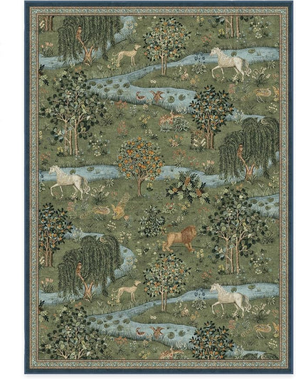 RUGGABLE x Morris & Co Washable Area Rug – Owl & Willow Green 5x7, Stain-Resistant, Non-Slip – Medium Machine Washable Rugs for Living Room, Bedroom, Hallway, Entryway & Office–with Standard Pad