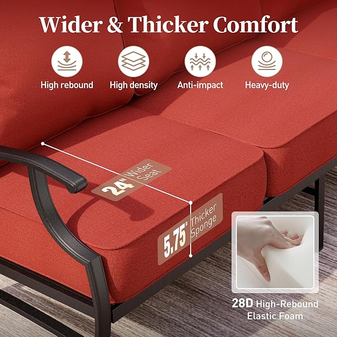 7 Piece Metal Outdoor Patio Furniture Set, Patio Conversation Sets 3-Seater Sofa, 2 Rocking Chair, 2 Ottomans with 5.75" Thick Cushion, Black All-Weather Frame Backyard Furniture, Red