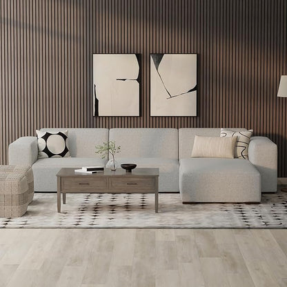 SIMPLIHOME Rex Right-Facing Modular Sectional Sofa in 100% Recycled Polyester Tightly Woven Performance Fabric, Pale Grey, 102-inches Wide, 4-Seater L-Shaped Couch with Right Chaise for Living Room