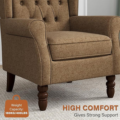 High Back Accent Chairs Set of 2, High Wingback Chair for Living Room, Button-Tufted Upholstered Fabric Armchair with Solid Wood Legs, Comfy Single Sofa Reading Chair for Bedroom, Brown