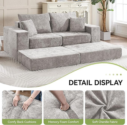 79" Boneless Loveseat Sofa Couch, Modular Foldable Floor Cloud Sofa with Ottoman, Lounge Convertible Sofa Bed for Living Room, No Assembly, Chenille Light Grey