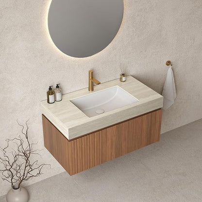 Bathroom Vanity with Sink 36 Inch, Floating Bathroom Vanity Sink Cabinet with Drawer and Door, Undermount Sink & Travertine-Pattern Sintered Stone Top, Pre-Assembled, Espresso