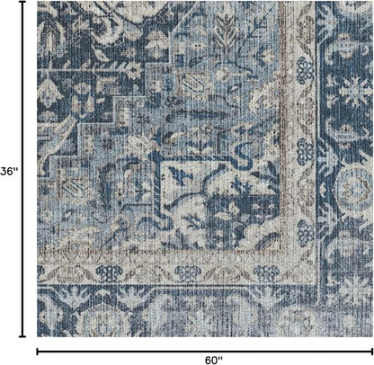RUGGABLE Washable Area Rug – Kamran Admiral Blue 3x5, Stain-Resistant, Non-Slip – Small Machine Washable Rugs for Living Room, Bedroom, Hallway, Entryway & Office–with Cushioned Pad