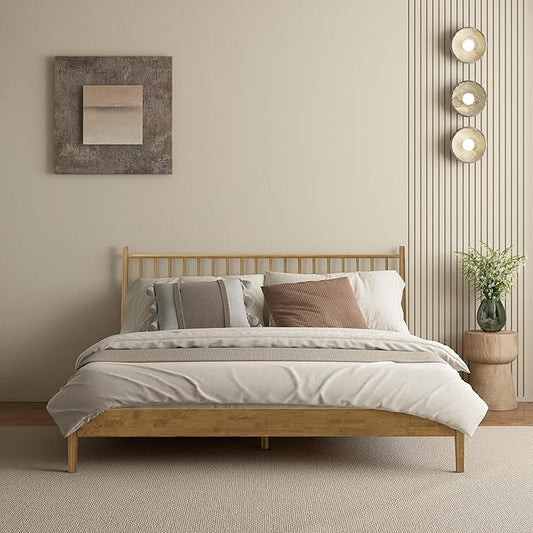 NTC Inno Wooden Bed Frame with Headboard, Solid Oak and Rubber Wood Foundation with Silent Slats and Wood Central Supports, 1000 Lb Capacity, Effortless Assembly, King - Teak Look