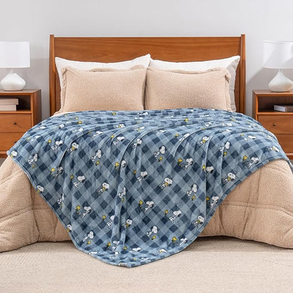 Berkshire Blanket Peanuts® VelvetLoft® Cute Character Snoopy Plush Blanket,Navy Tonal,King 90 in x 108 in (Official Peanuts® Product)