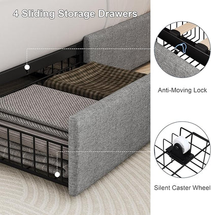 Queen Size Bed Frame with 4 Storage Drawers & Charging Station, Linen Upholstered Platform Bedframe, Button Tufted Wingback Headboard, Sturdy Wooden Slats, No Box Spring Needed, Light Grey